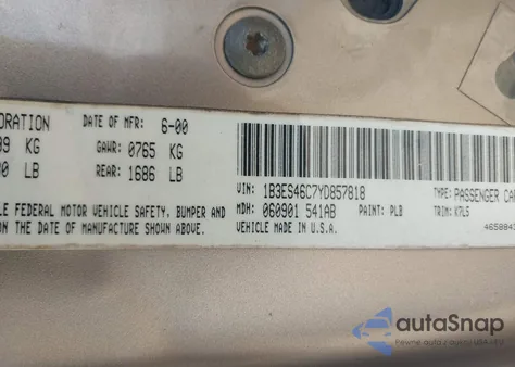 2000 Dodge Neon Highline из США, поврежденный, VIN 1B3ES46C7YD857818